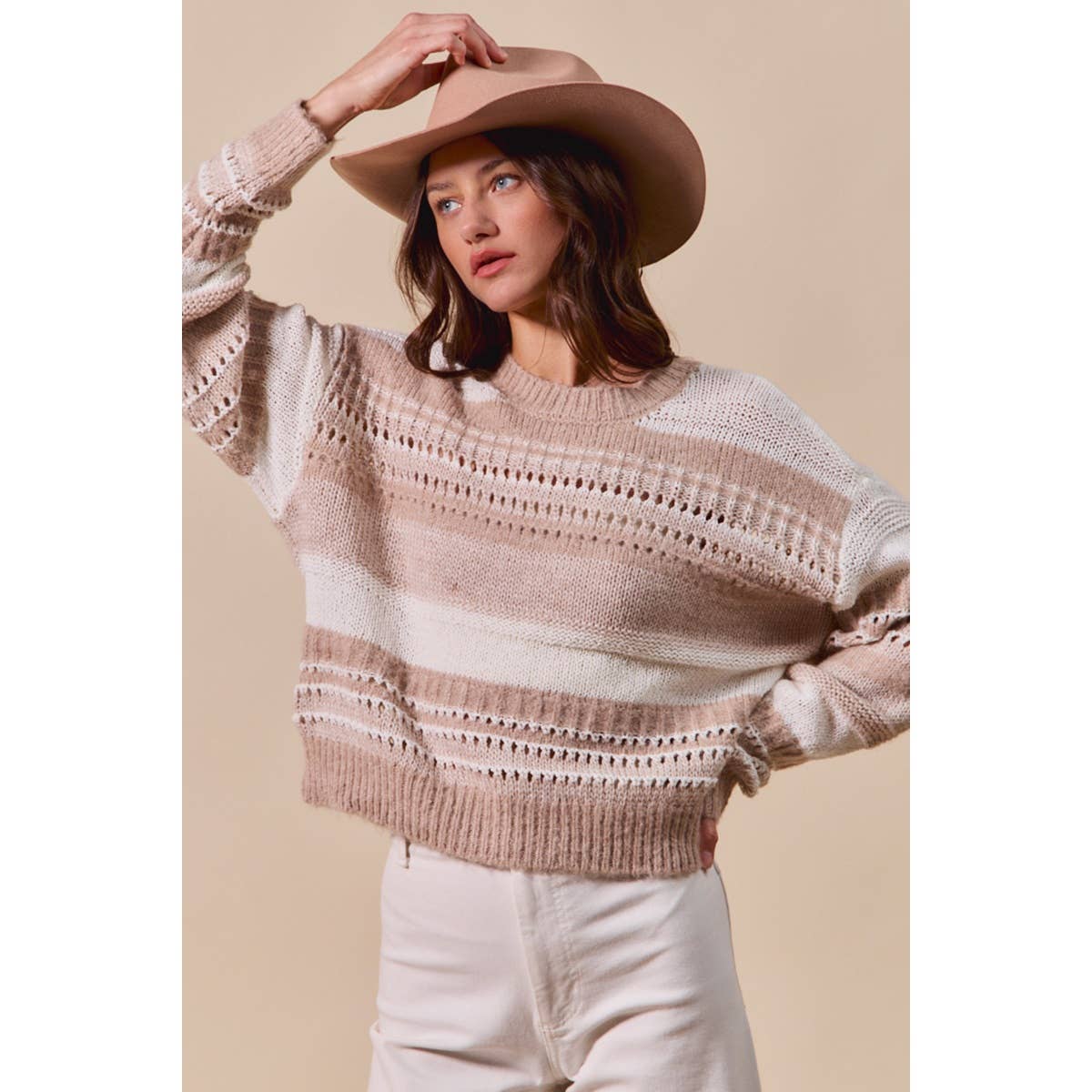 So Me VARIEGATED STRIPE TEXTURED LOOSE FIT SWEATER TOP