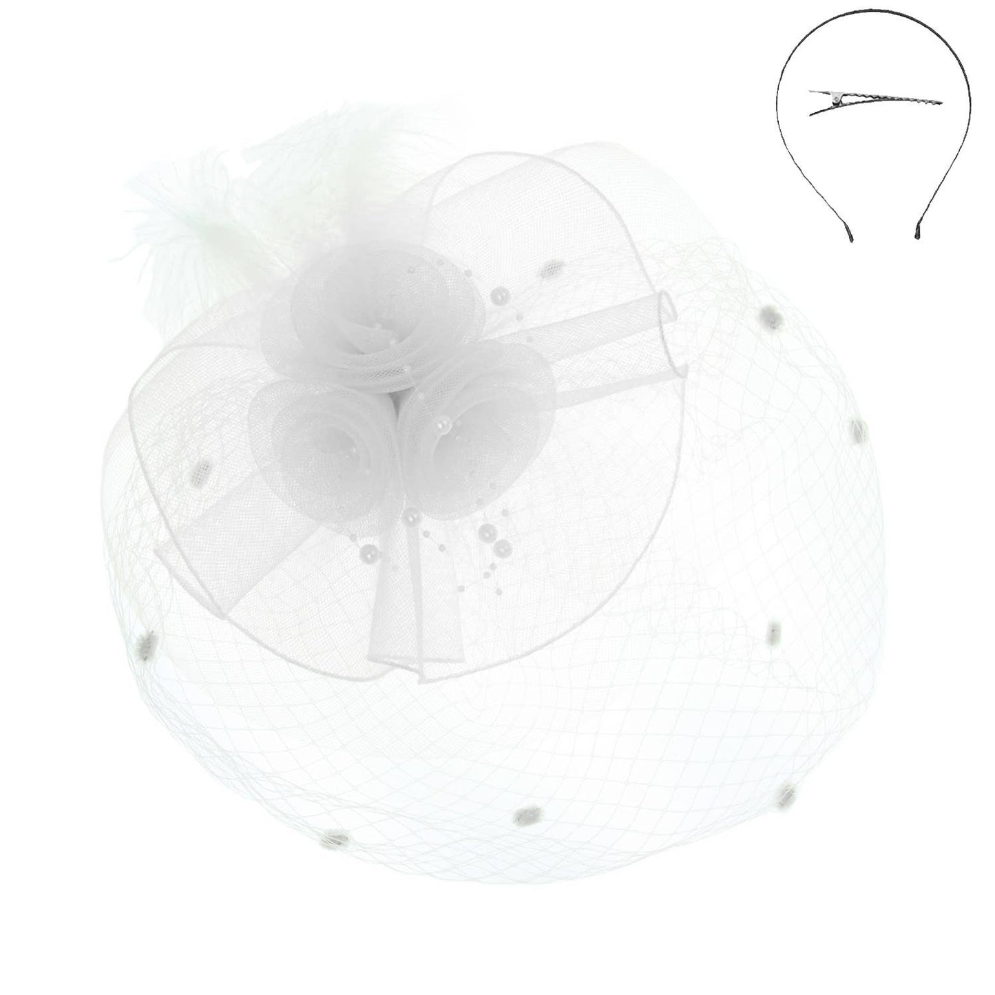 Sophia Double Rose Mesh w/ Dotted Veil & Feathers Fascinator