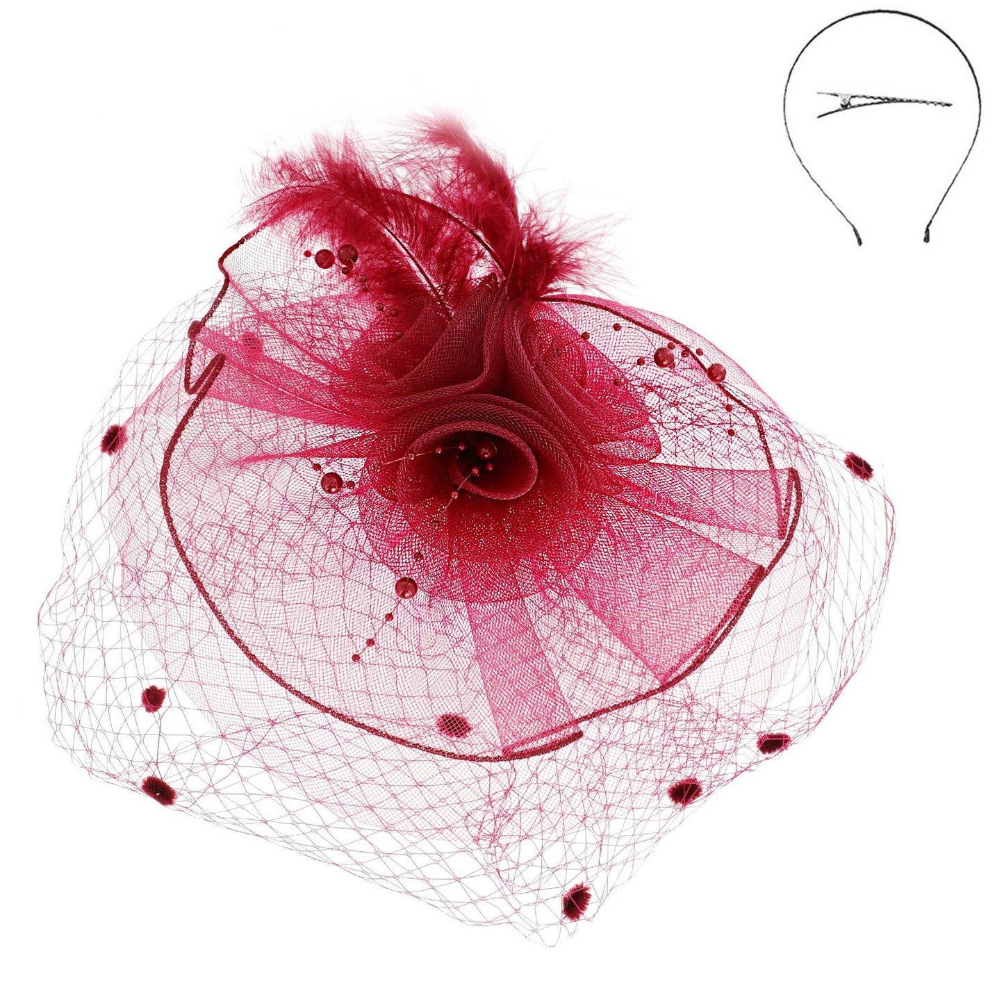 Sophia Double Rose Mesh w/ Dotted Veil & Feathers Fascinator