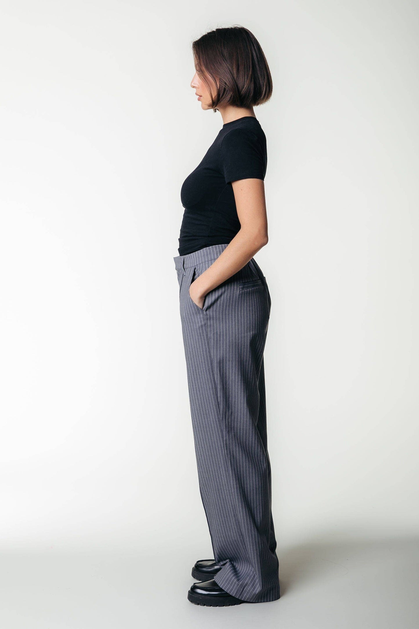 Colourful Rebel Rus Stripe Straight Pants Elastic Waistband | Dark grey