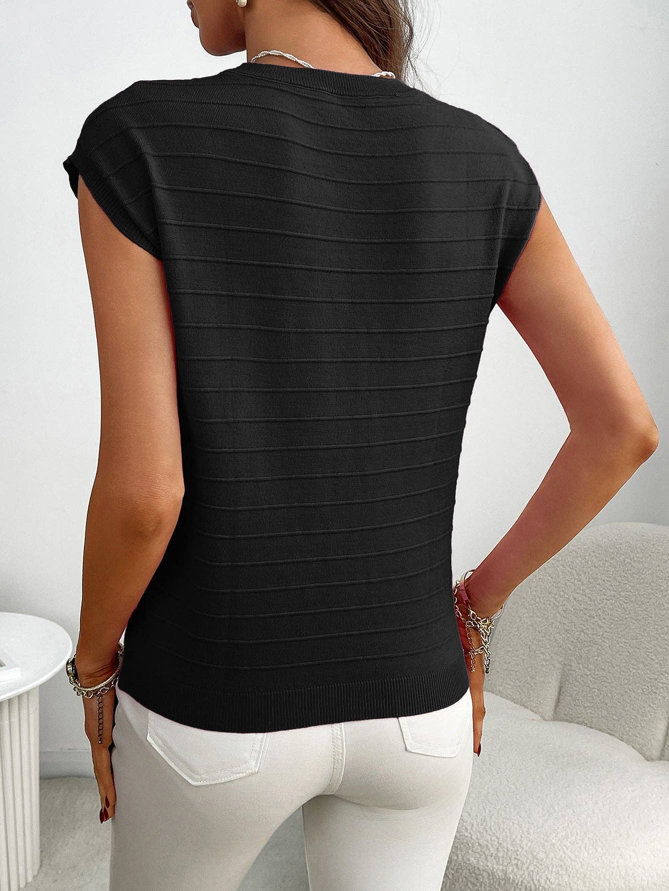 Lovesoft Striped Knit Short Sleeve Top with Pocket Casual Pullover