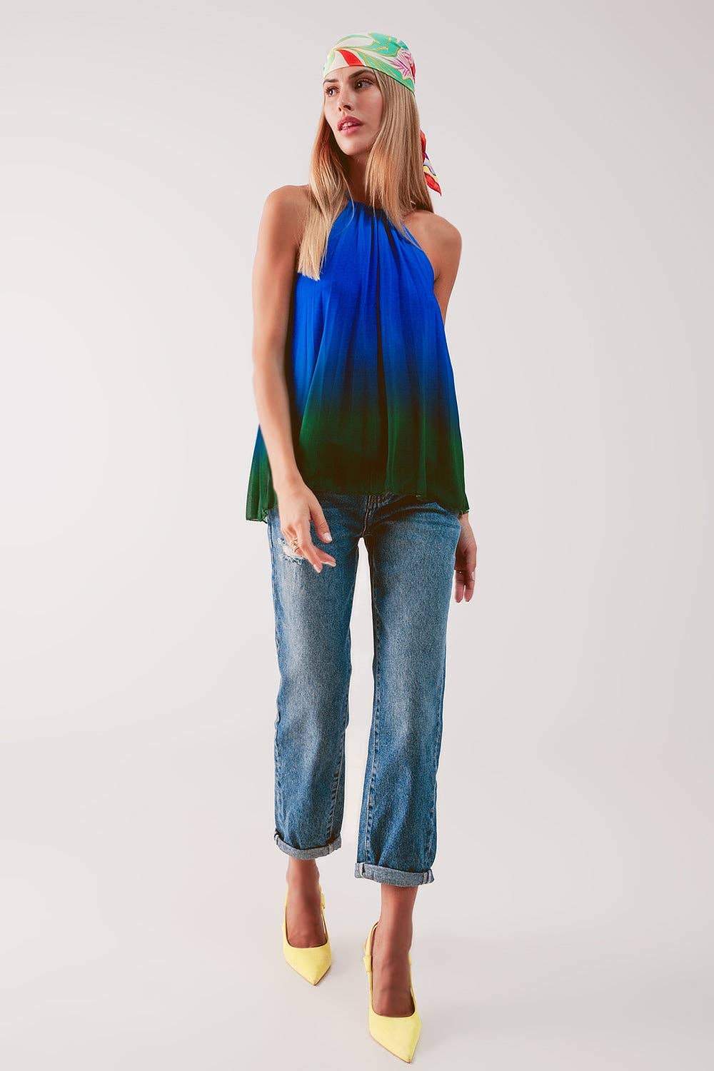 Q2 High neck pleat top in blue ombre