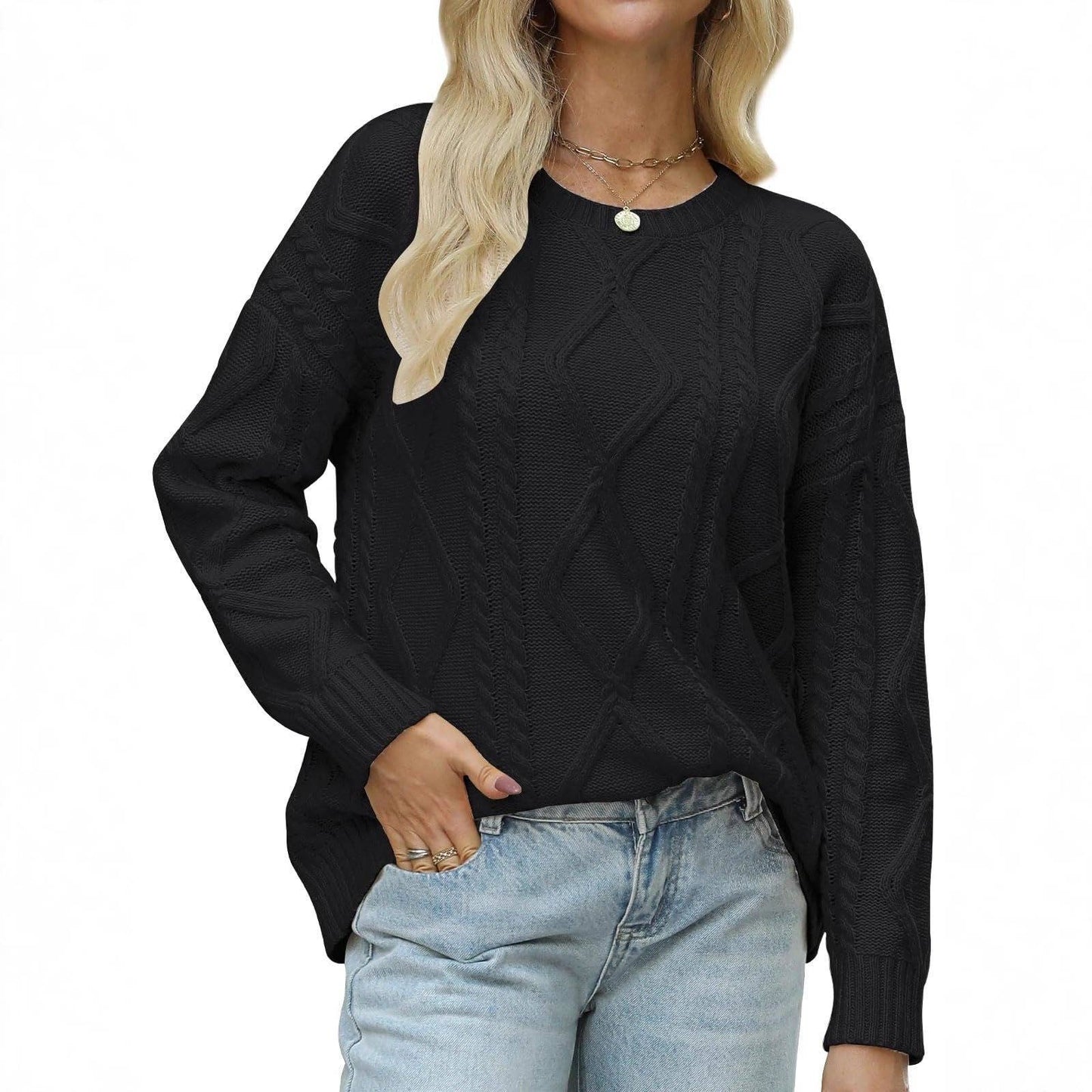 Lovesoft Women’s Vintage Cable Knit Sweater Crew Neck Loose Fit