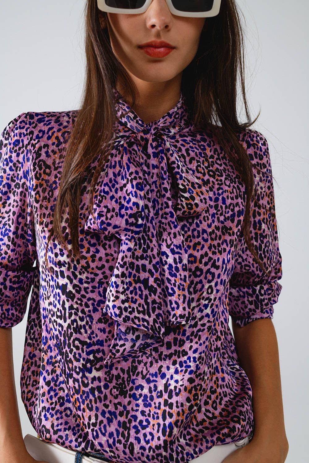 Q2 Animal Print Purple Blouse W/Removable Bow