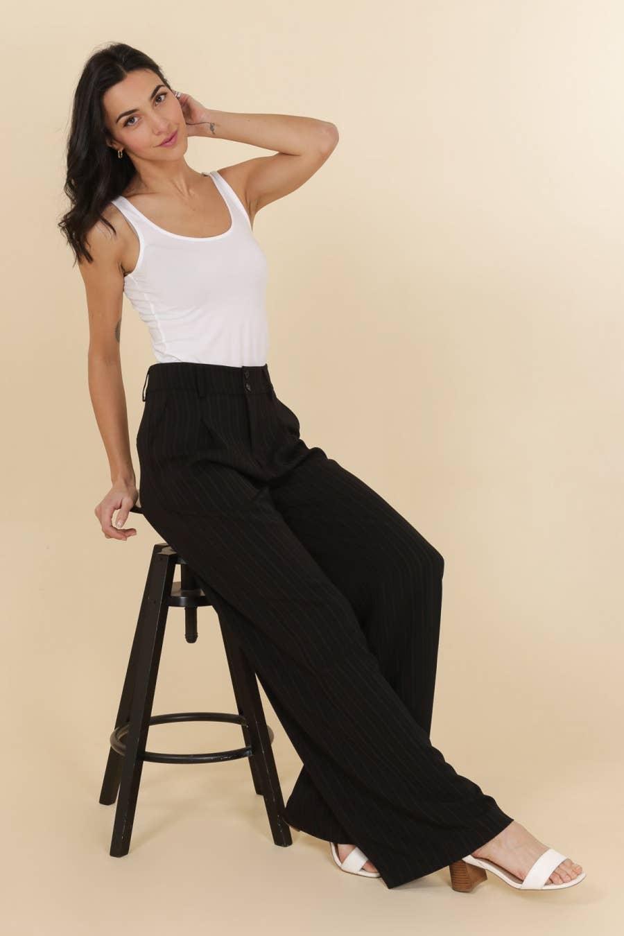 Attentif Striped Plain Wide-Leg Pants