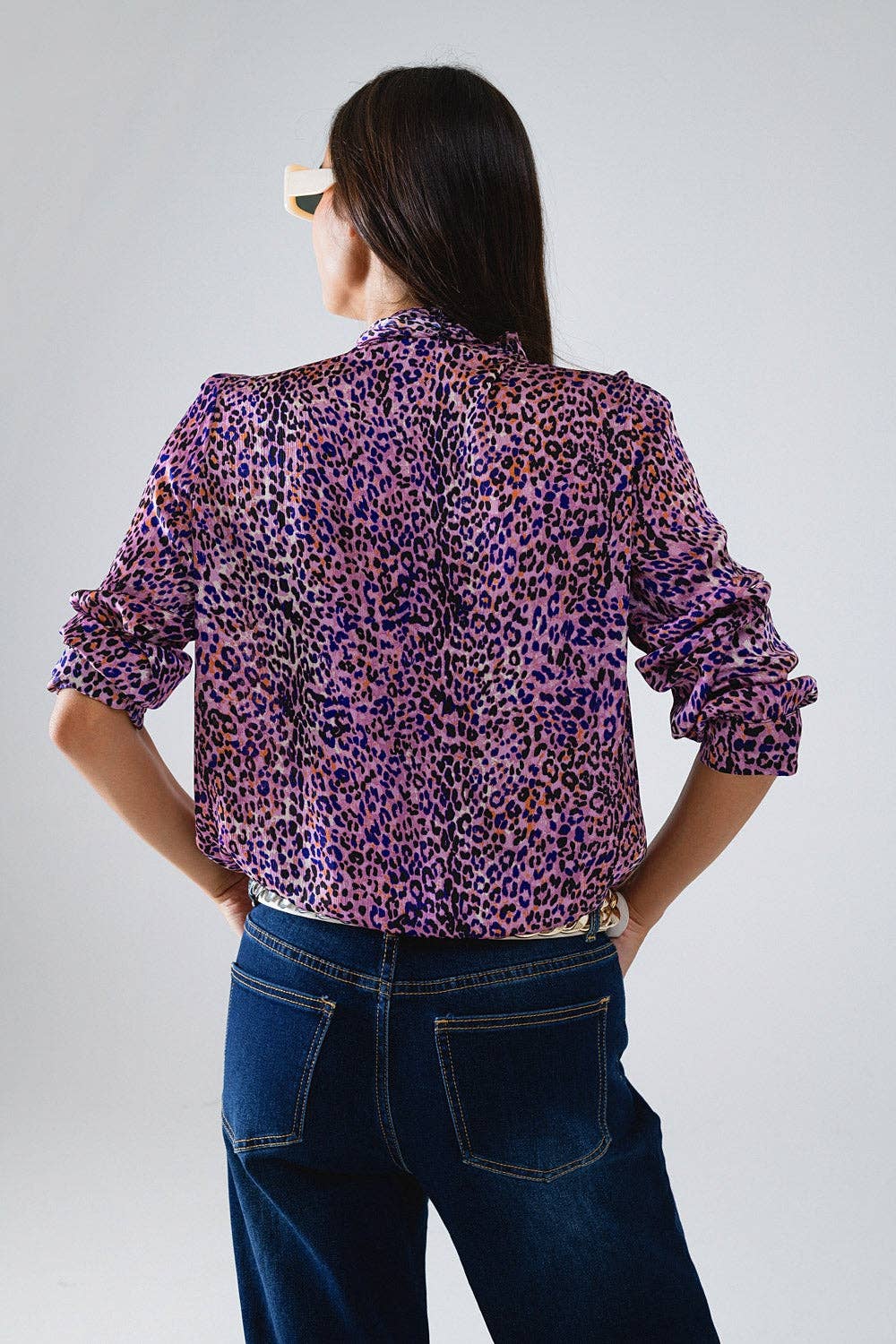 Q2 Animal Print Purple Blouse W/Removable Bow