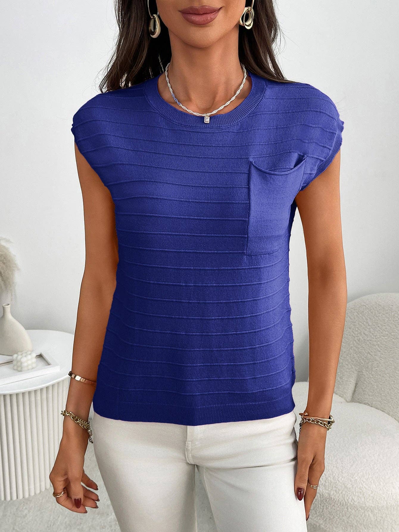 Lovesoft Striped Knit Short Sleeve Top with Pocket Casual Pullover