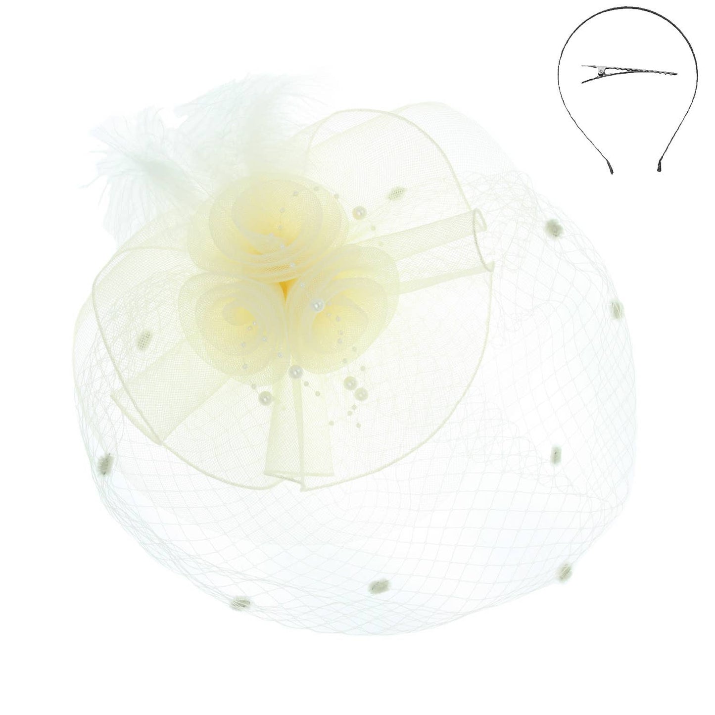 Sophia Double Rose Mesh w/ Dotted Veil & Feathers Fascinator