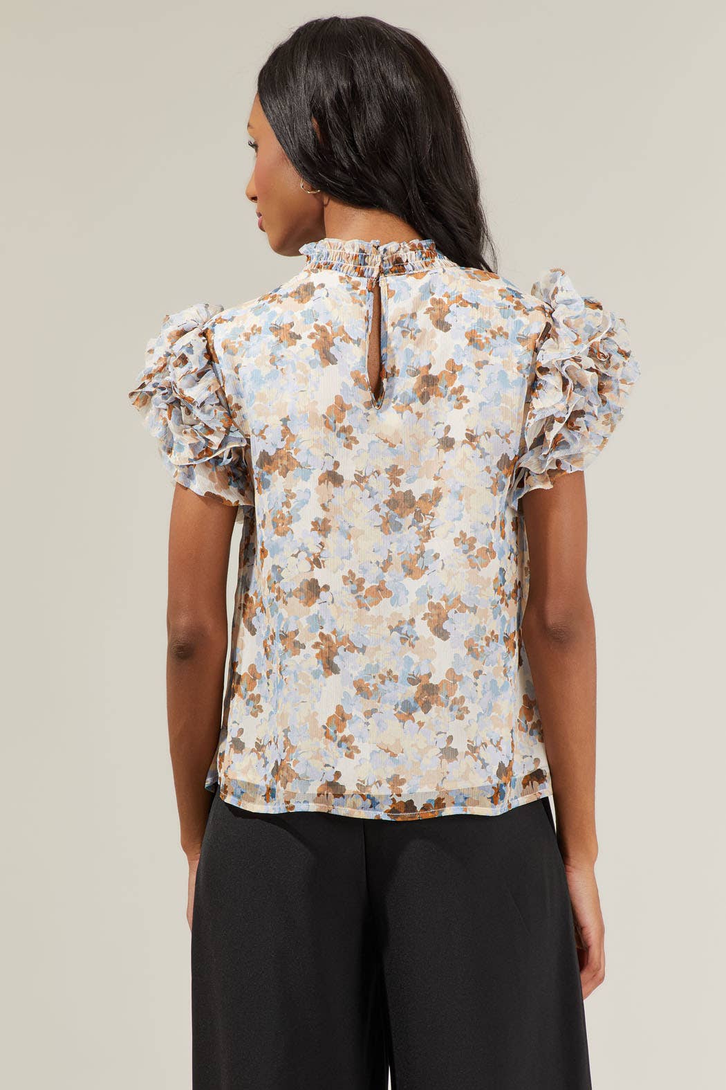 Sugar Luna Floral Brenna Mock Neck Ruffle Blouse