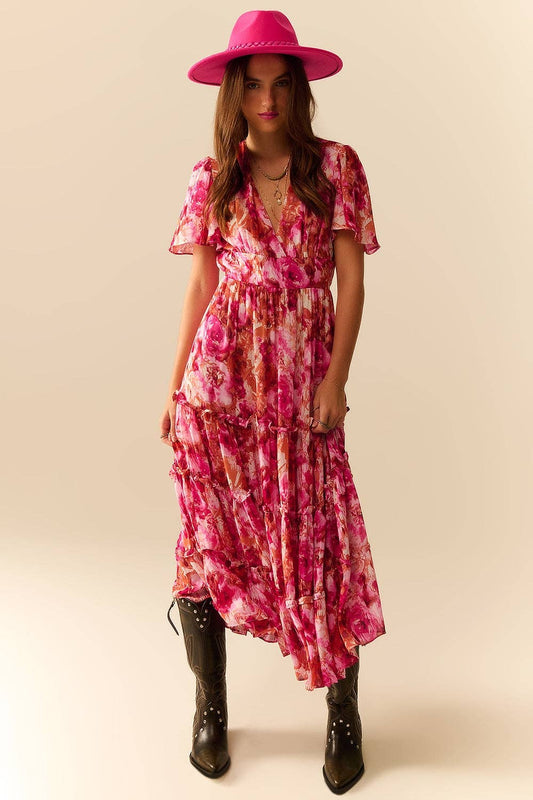 q2 Maxi Tiered Romantic Dress With chiffon Floral Print In Pink