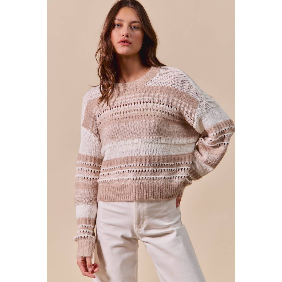 So Me VARIEGATED STRIPE TEXTURED LOOSE FIT SWEATER TOP