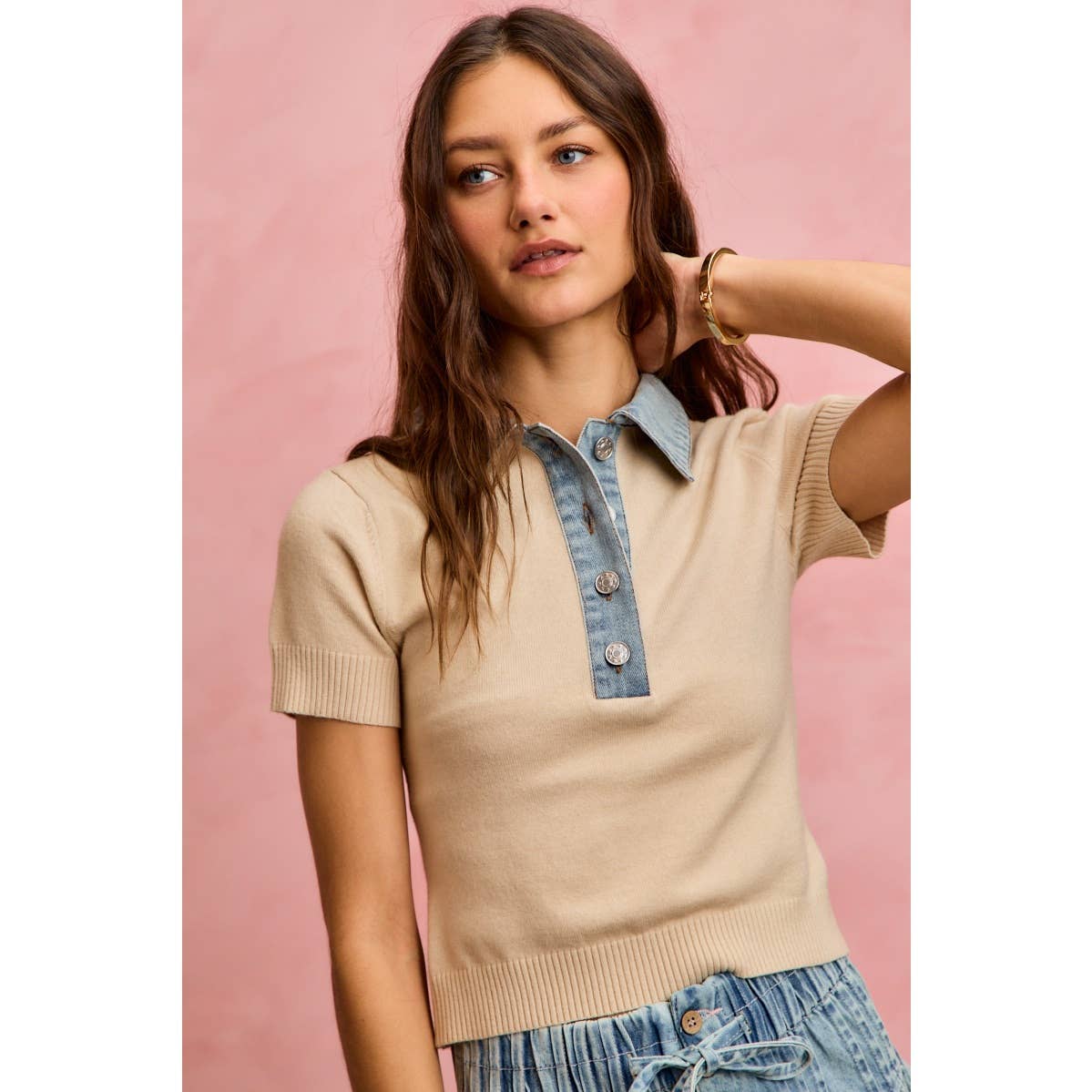 DENIM CONTRAST COLLARED SHORT SWEATER KNIT TOP