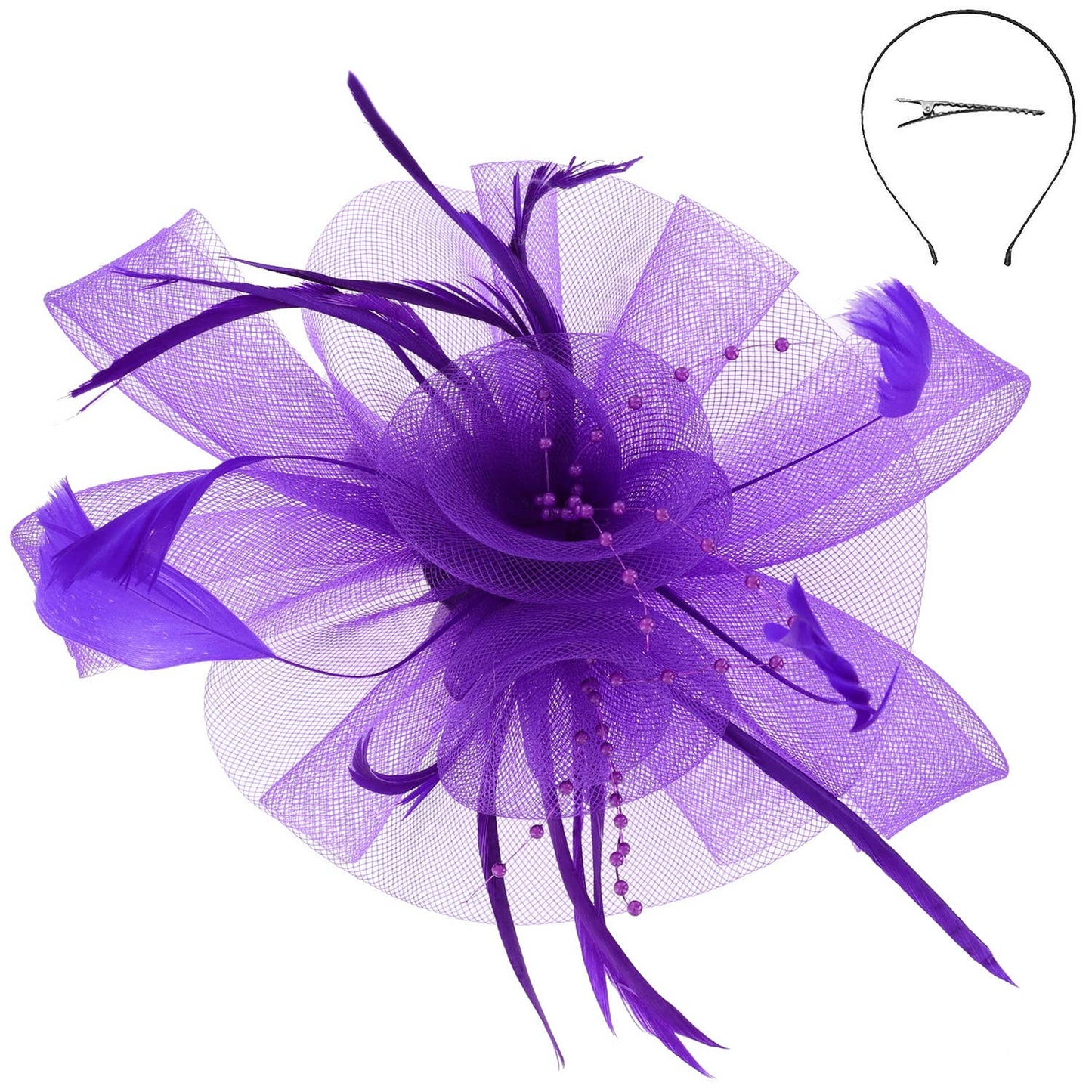 Sophia Feather & Double Floral Mesh Fascinator Headband/Clip