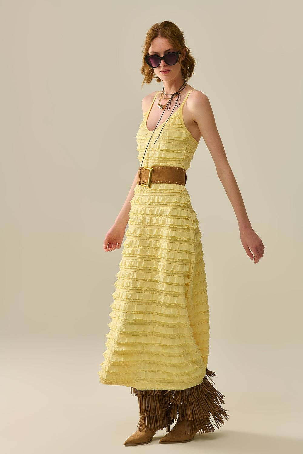 q2 Ruffled maxi dress in yellow with straps