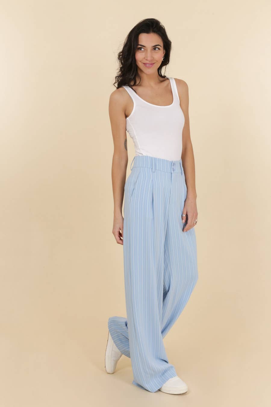 Attentif Striped Plain Wide-Leg Pants