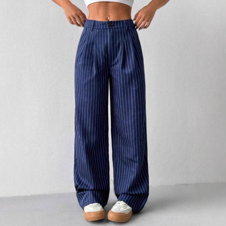 Blue Striped Wide Leg Pants For Casual And Commute Wear
