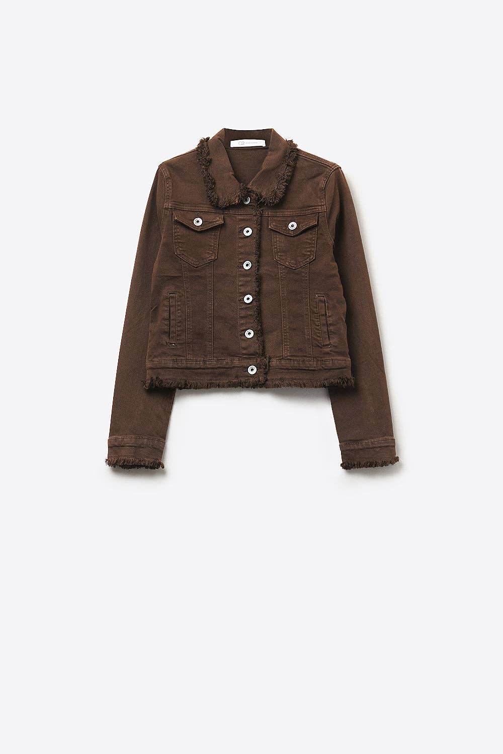 Raw edge denim jacket in chocolate color