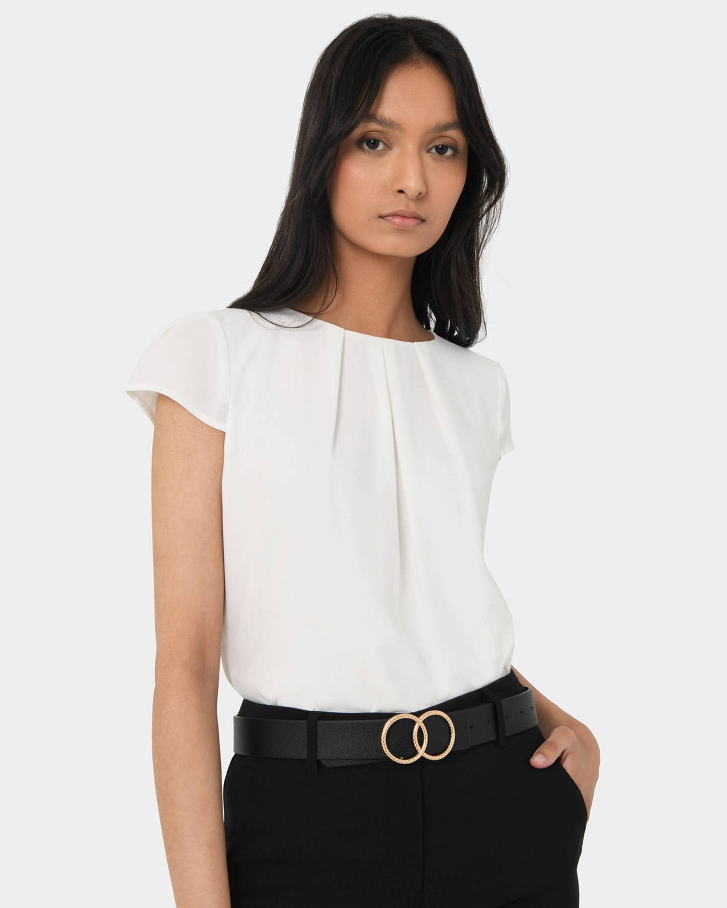 Forcast Women's Tamera Pleated Round Neck Top