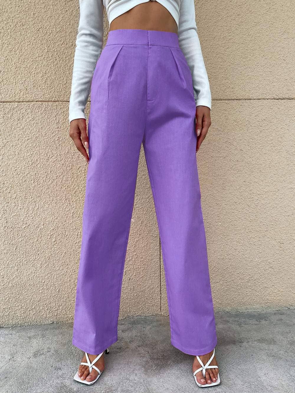 Mundefies Lavender Solid high rise straight leg pants
