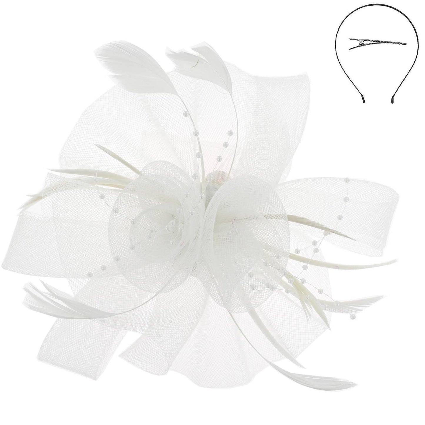 Sophia Feather & Double Floral Mesh Fascinator Headband/Clip