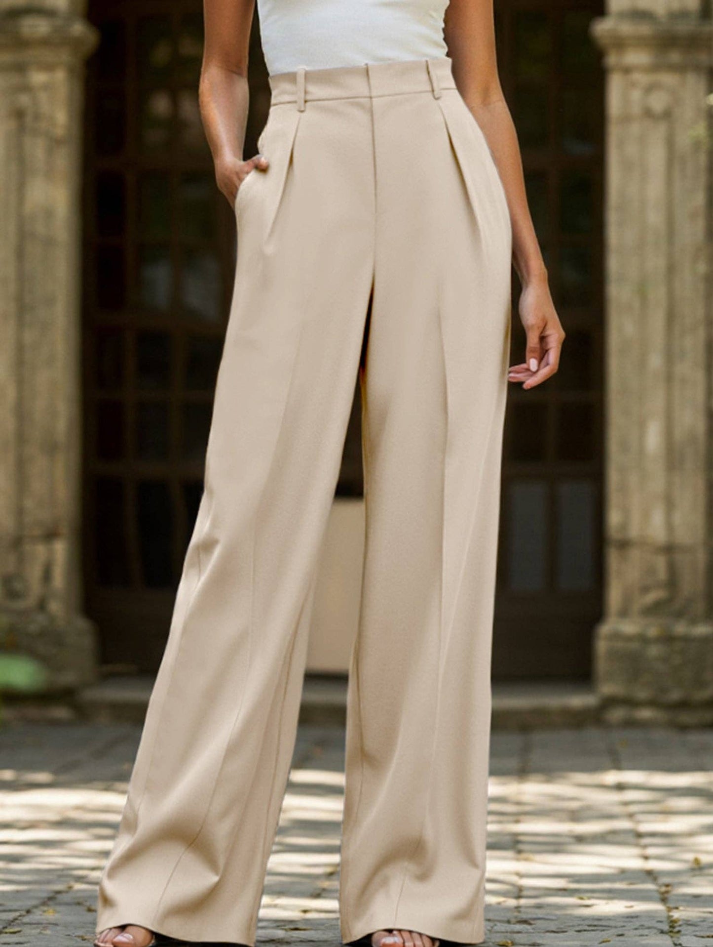 Lovene Casual loose high waist drape wide leg pants