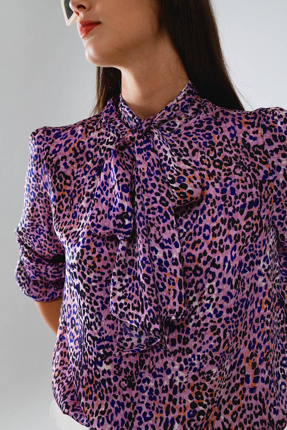 Q2 Animal Print Purple Blouse W/Removable Bow