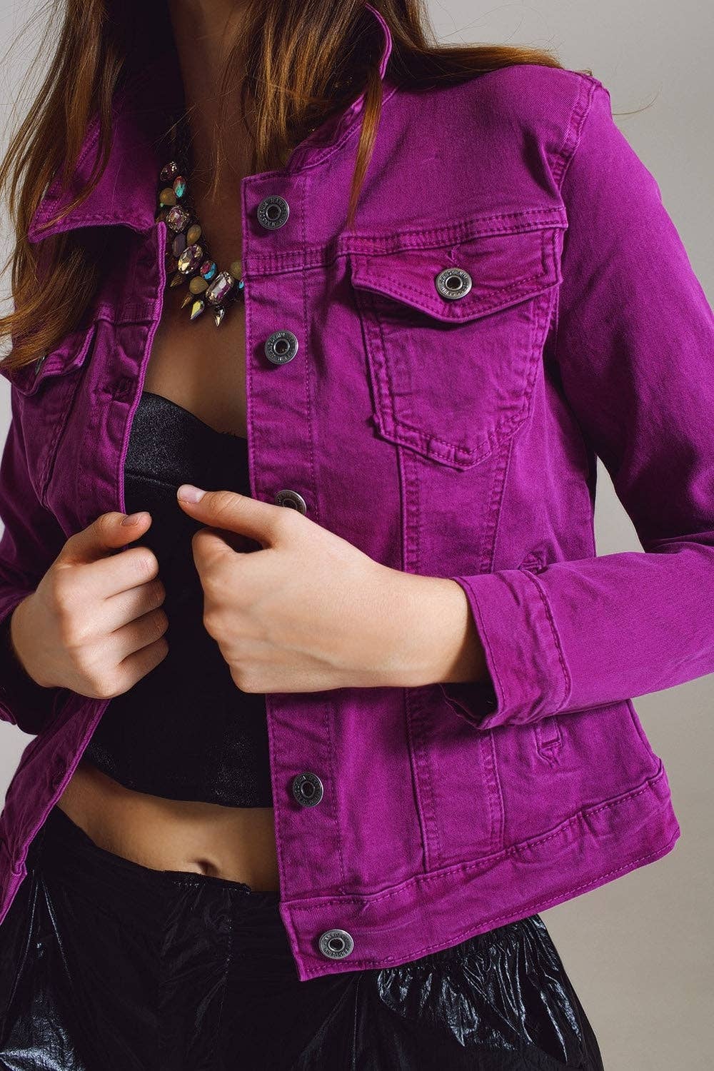 Q2 Slim denim trucker jacket in Magenta