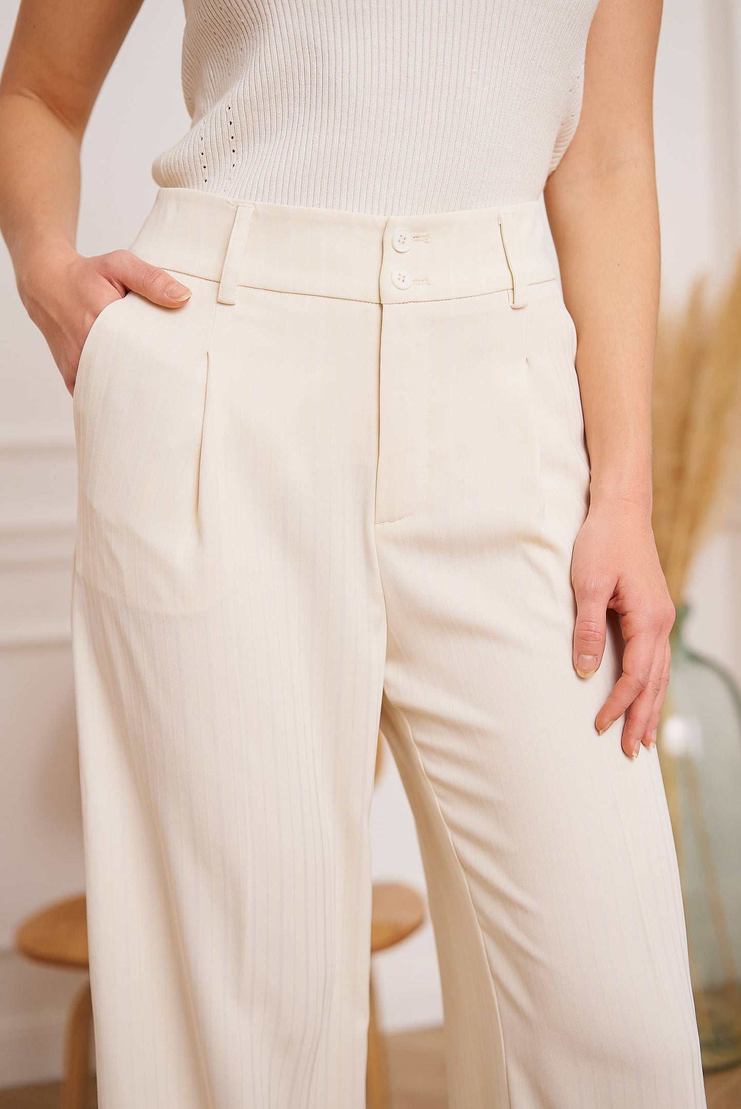 Attentif Striped Plain Wide-Leg Pants