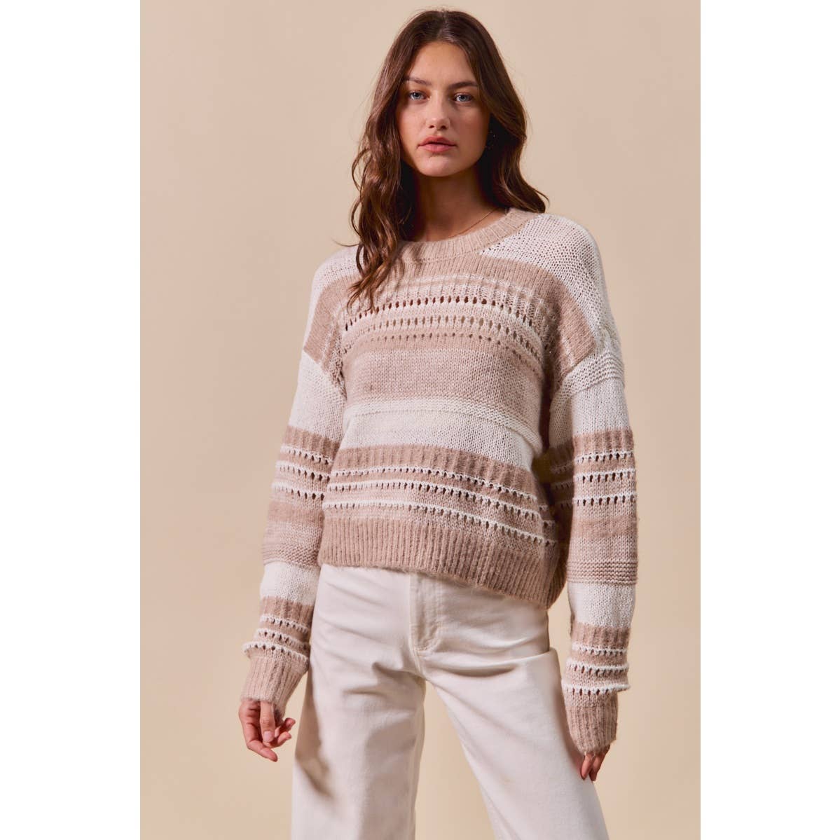 So Me VARIEGATED STRIPE TEXTURED LOOSE FIT SWEATER TOP