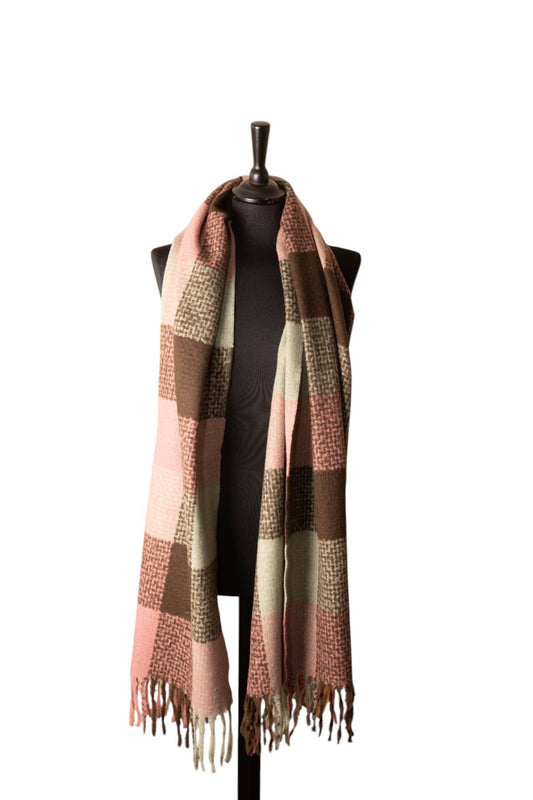 Jess & Lou Green, Pink & Maroon Checked Winter Scarf SW810