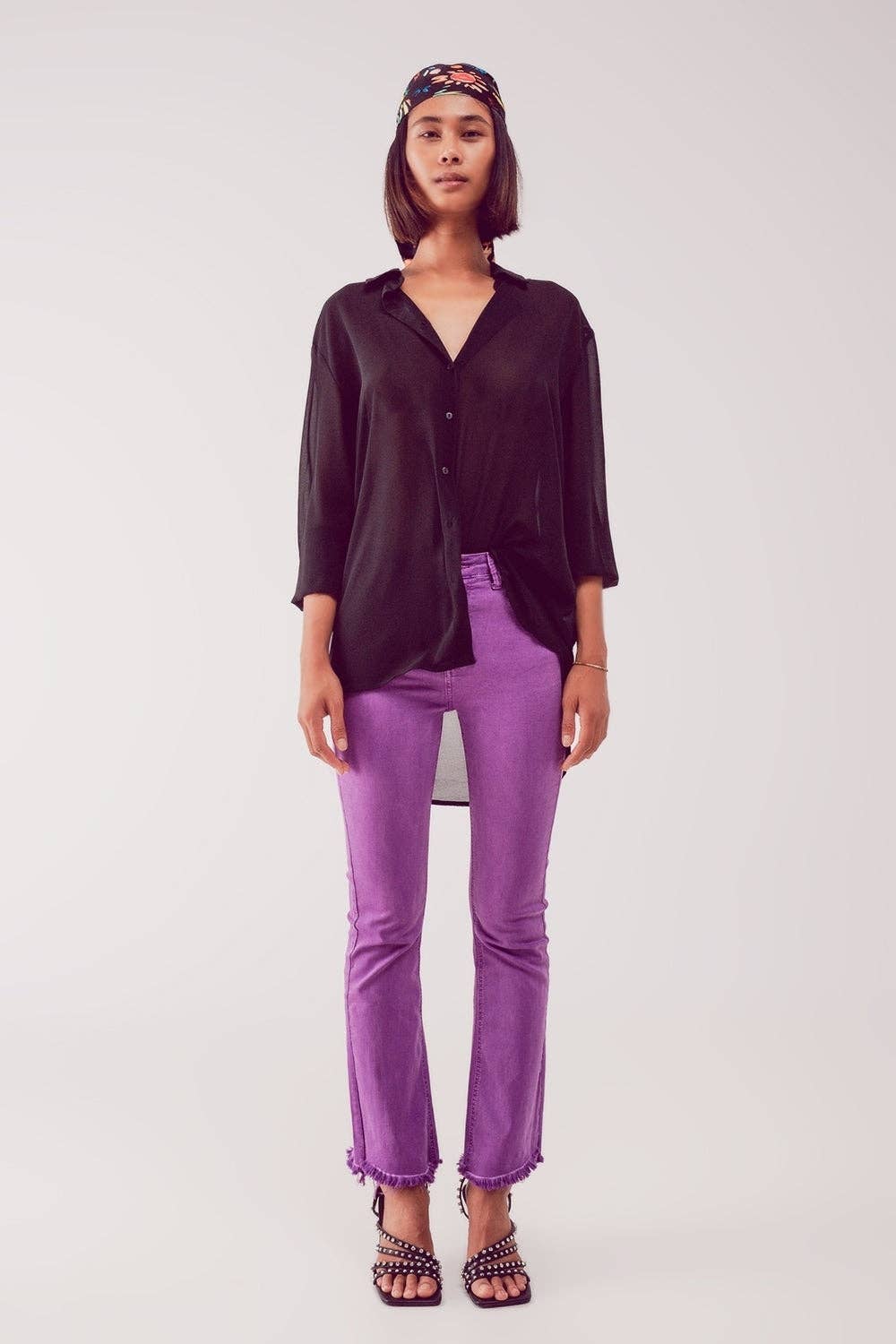 Q2 Flare jeans with raw hem edge in purple