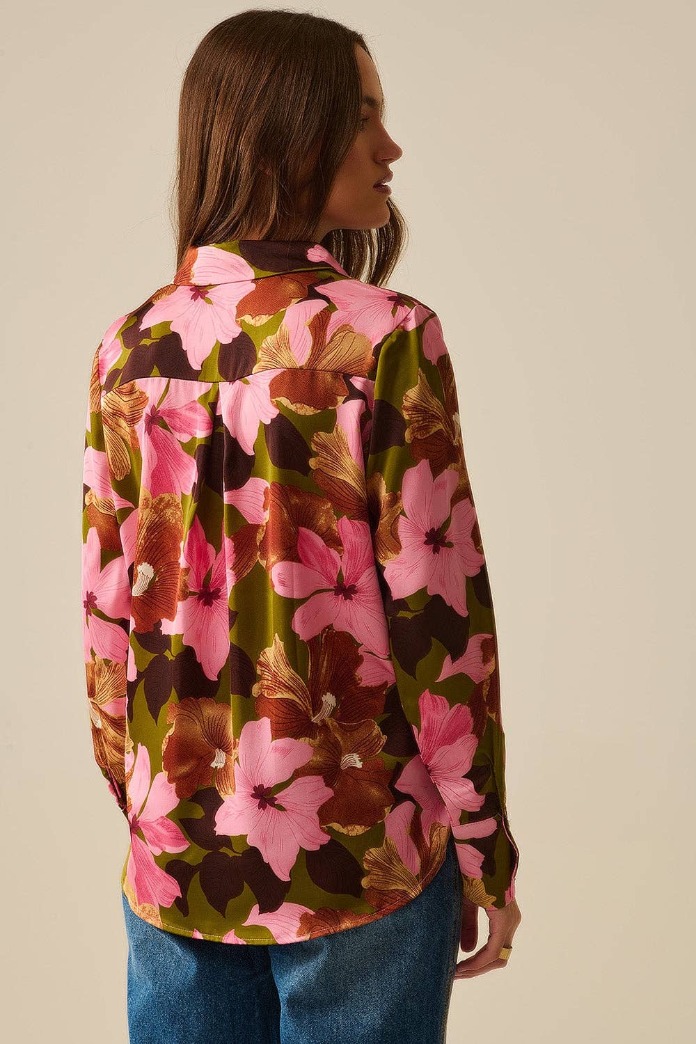 Q2 Satin Finish Tropical Floral Shirt in Olive Green