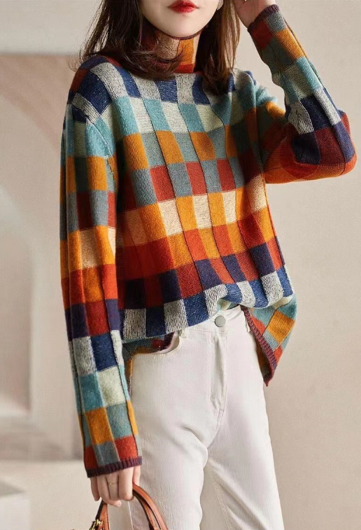 Mint Vibrant Colorful Checkerboard Knit Sweater