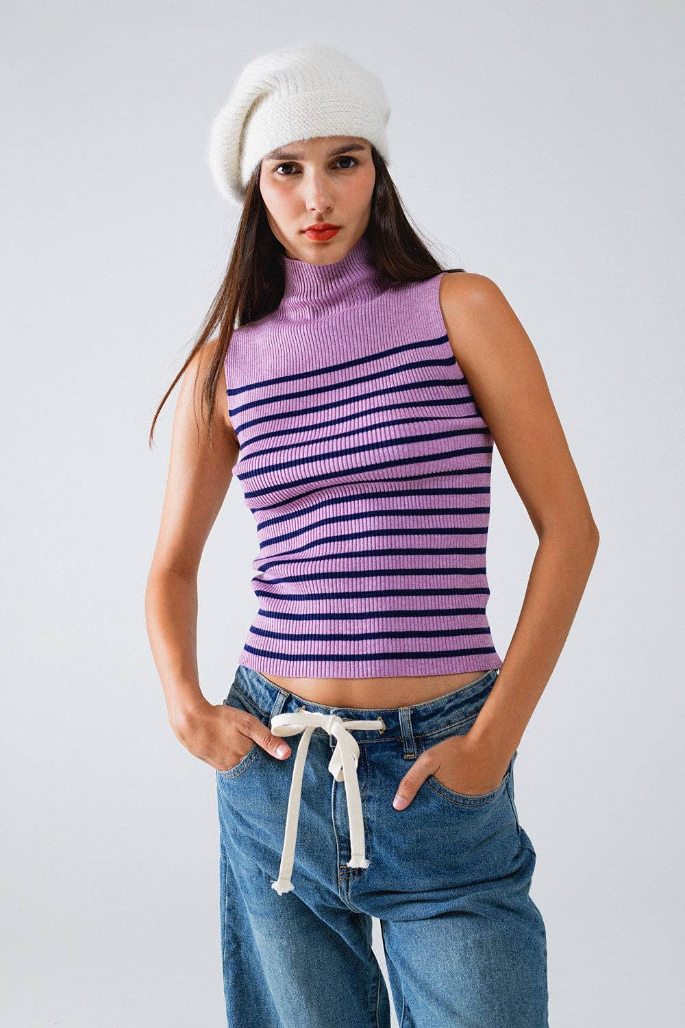 Q2 Striped Turtle Neck Tank Top In Lavander