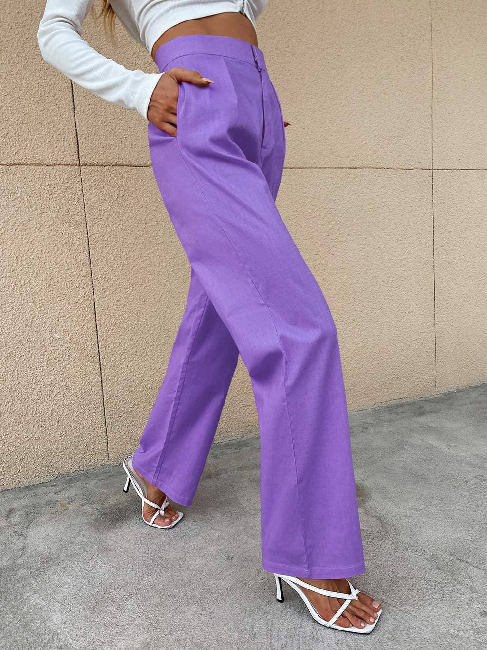 Mundefies Lavender Solid high rise straight leg pants