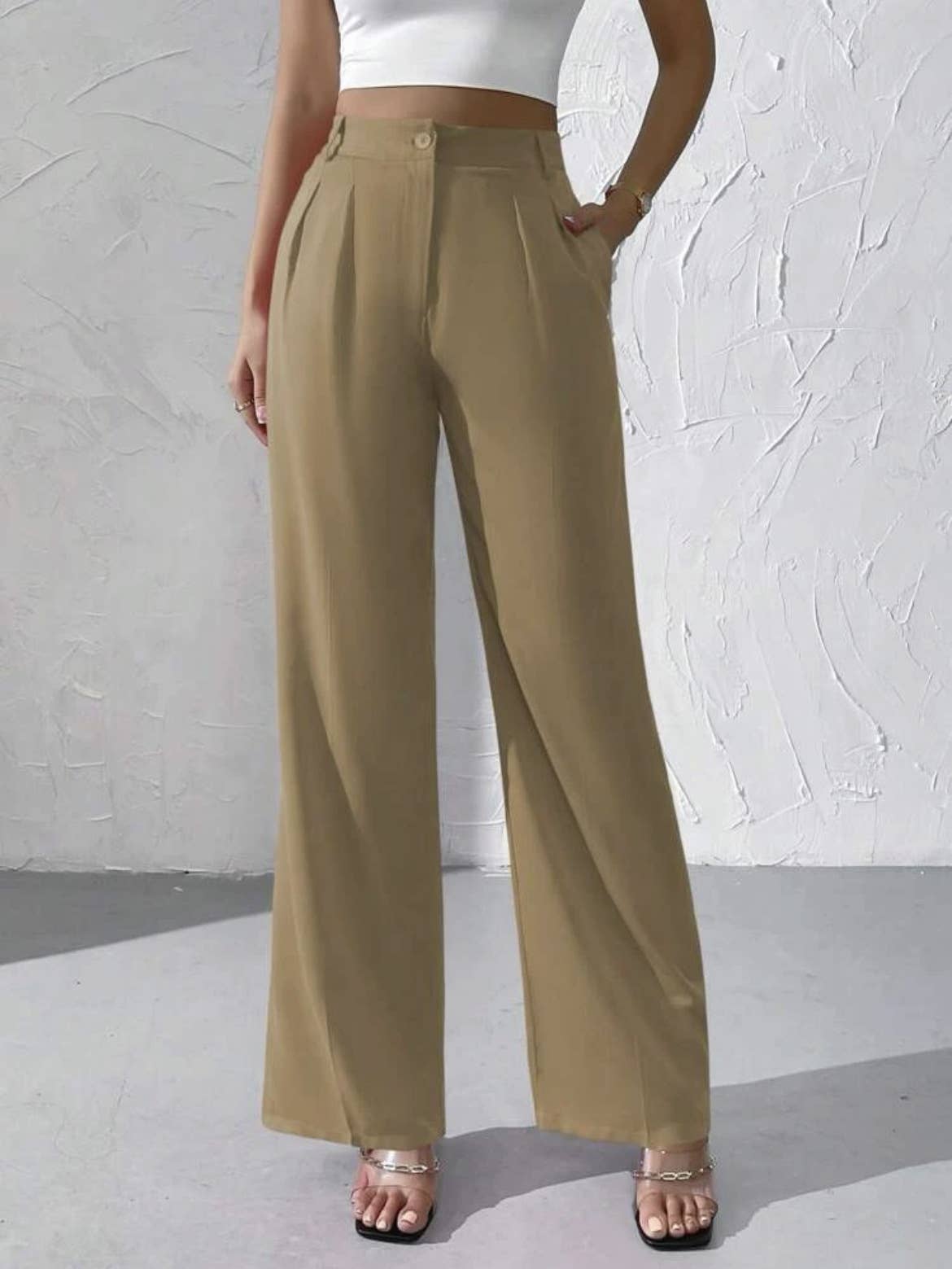 Doublju Elegant solid color dangling wide-leg suit pants