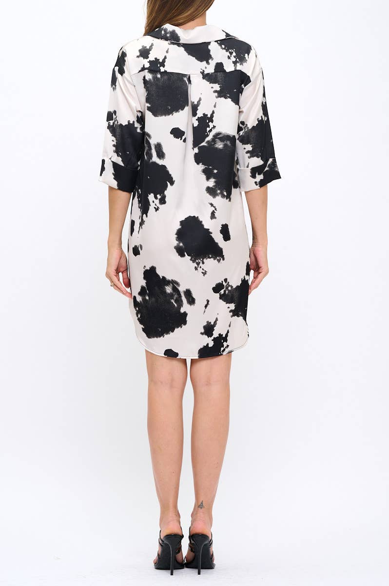 Renee C Made in USA Cow Print Collared Dress with Hi-Low Hem
