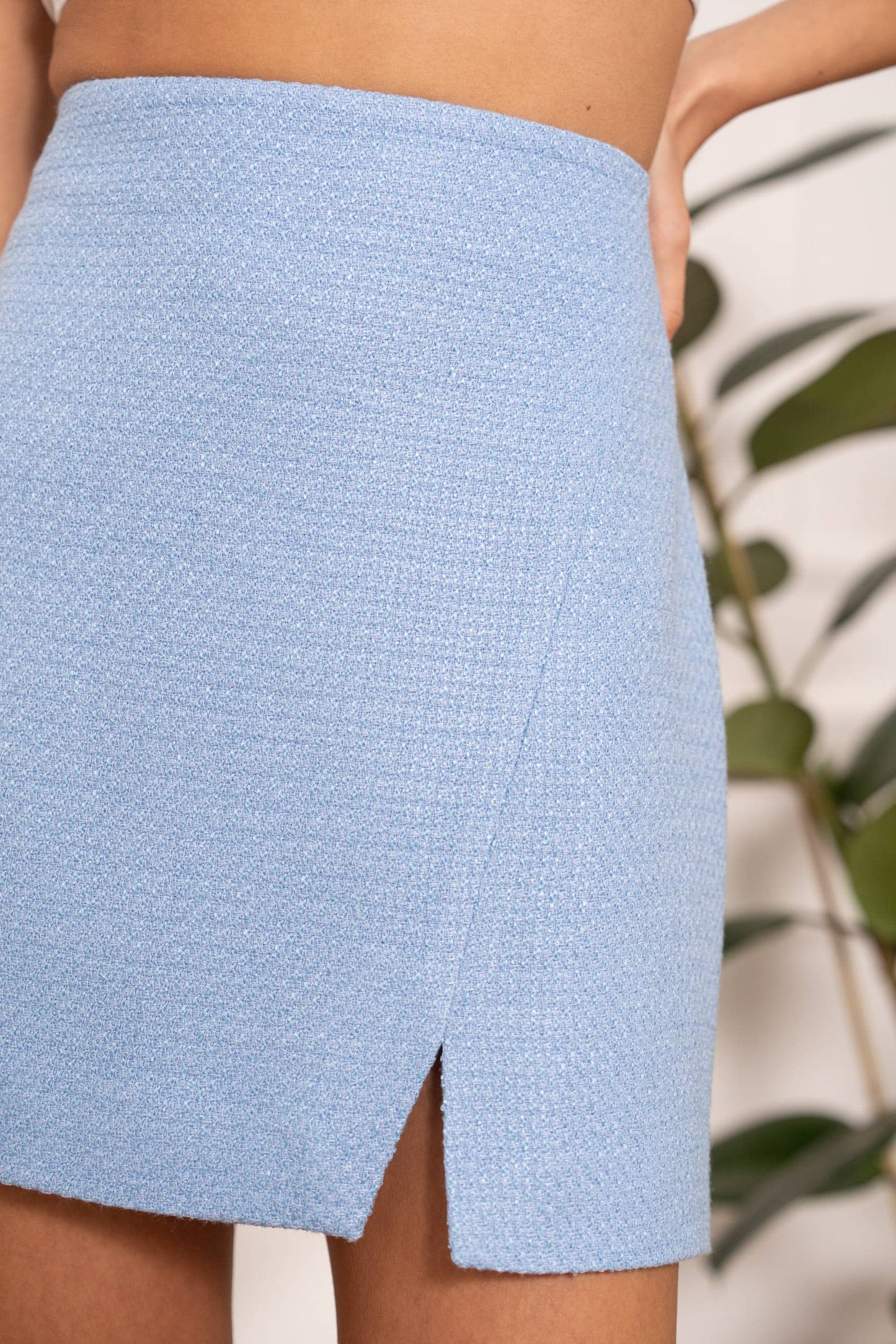 High-waisted plain tweed skirt