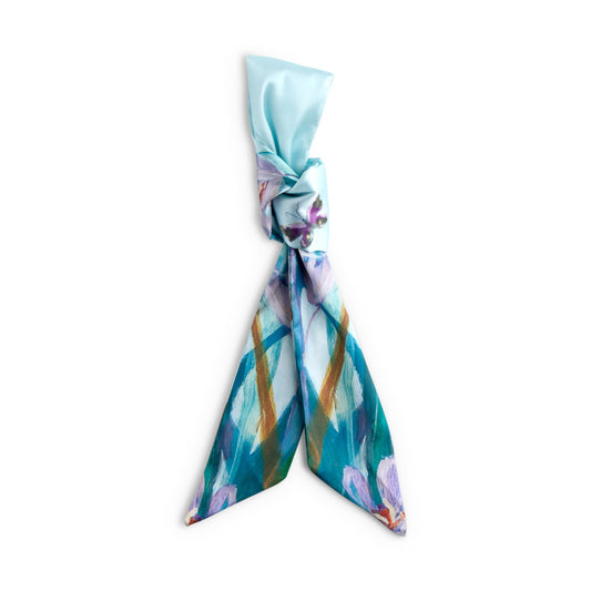 Blue Floral Skinny Tie Bag Scarf - 5x95cm