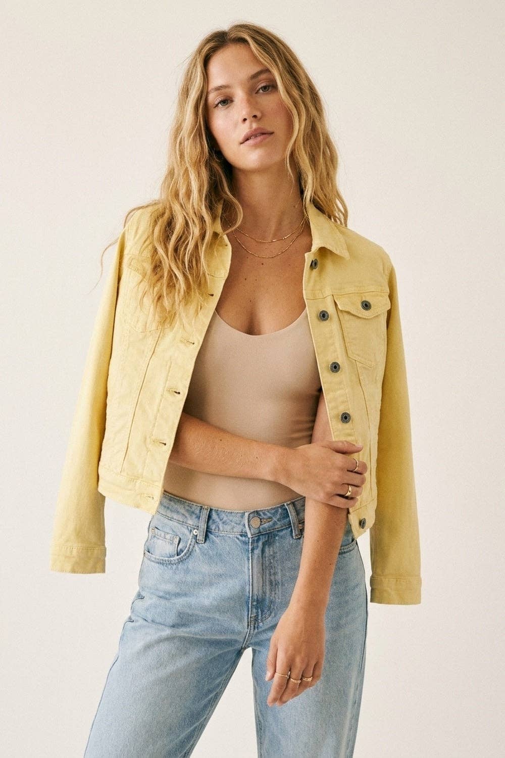Q2 Butter Yellow Denim Jacket with Button-Front