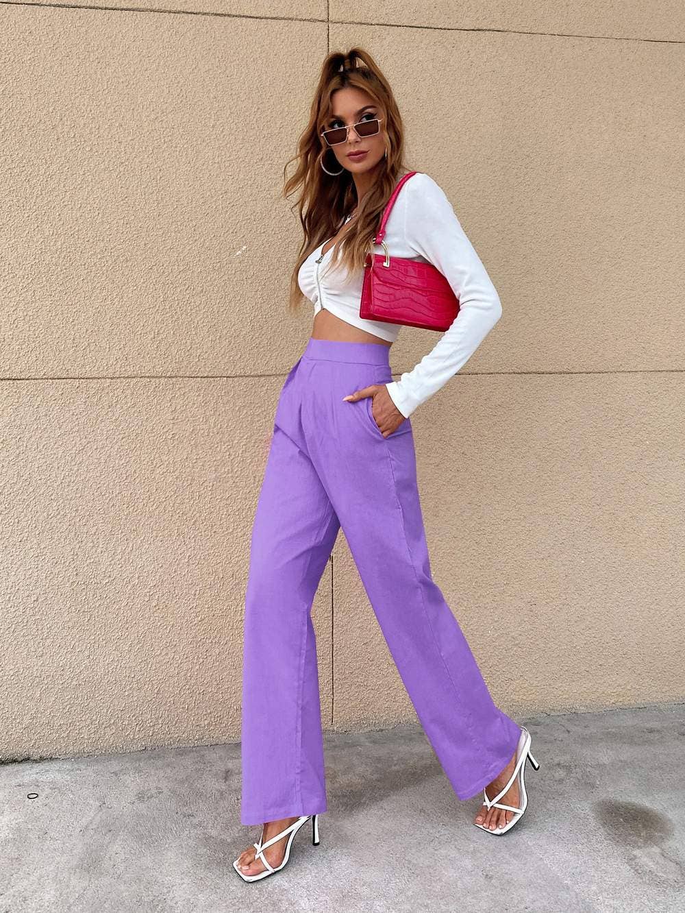 Mundefies Lavender Solid high rise straight leg pants