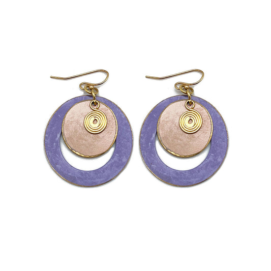 Anja Brass Patina Earrings - Round Cut out Purple Layers