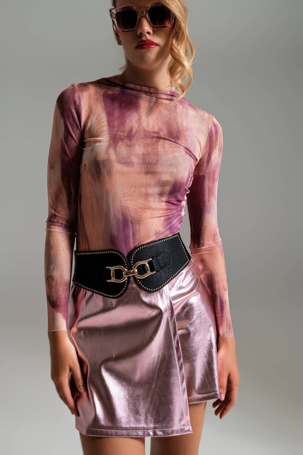 Q2 Mesh Top Rouched At The Side In Abstract Pink Print