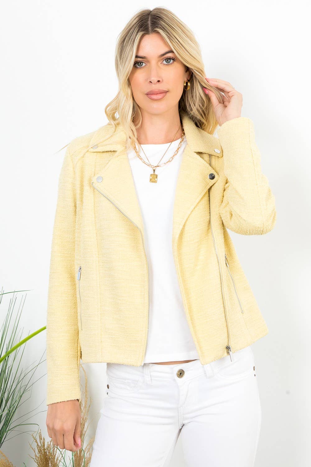 Solid Boucle Long Sleeve Moto Jacket