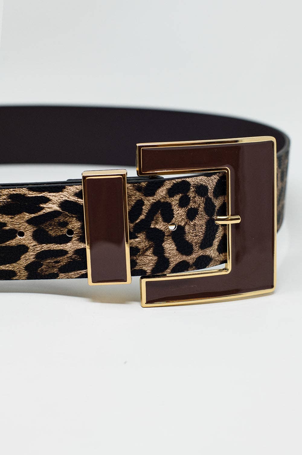 Q2 Wide leopard belt in dark brown with black square buckle