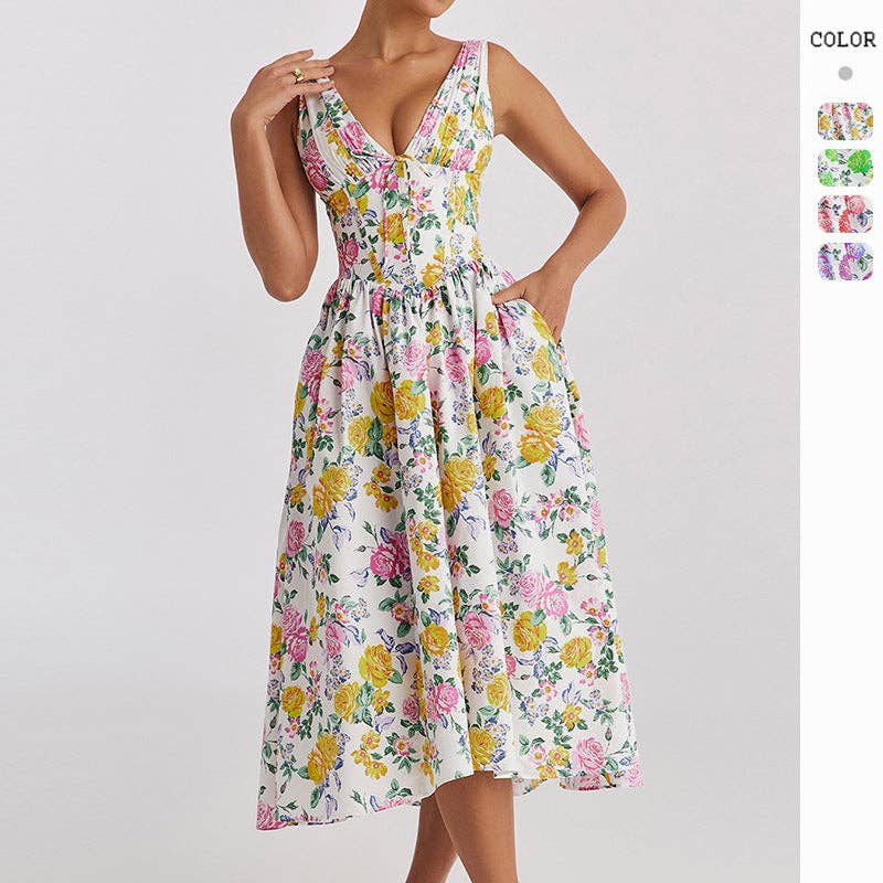 Floral V Neck Waist Cinch Sleeveless Midi Dress