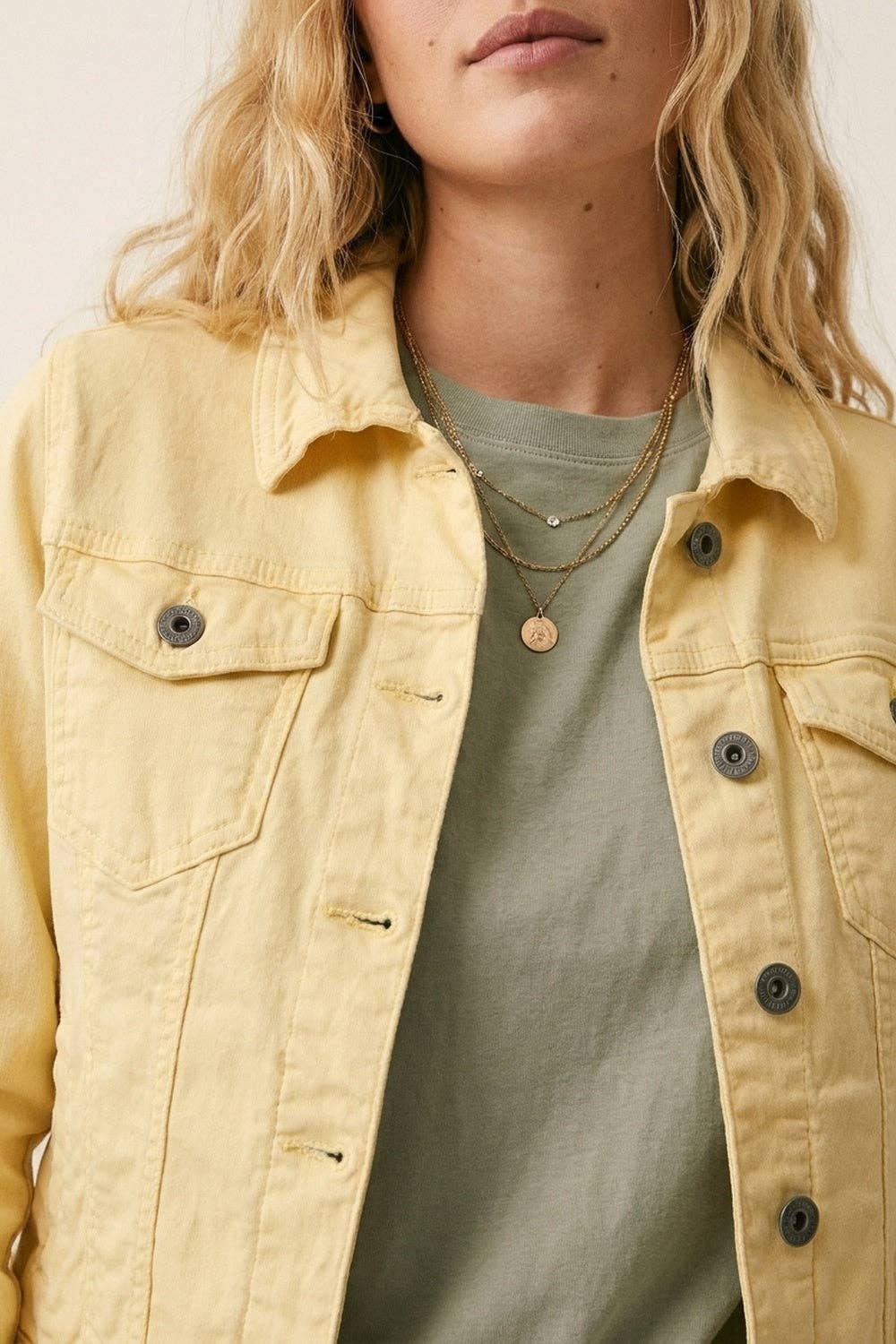 Q2 Butter Yellow Denim Jacket with Button-Front