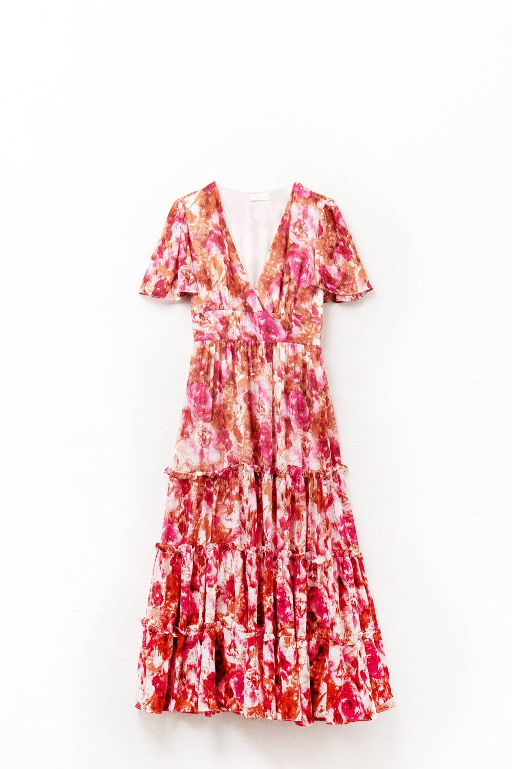 q2 Maxi Tiered Romantic Dress With chiffon Floral Print In Pink