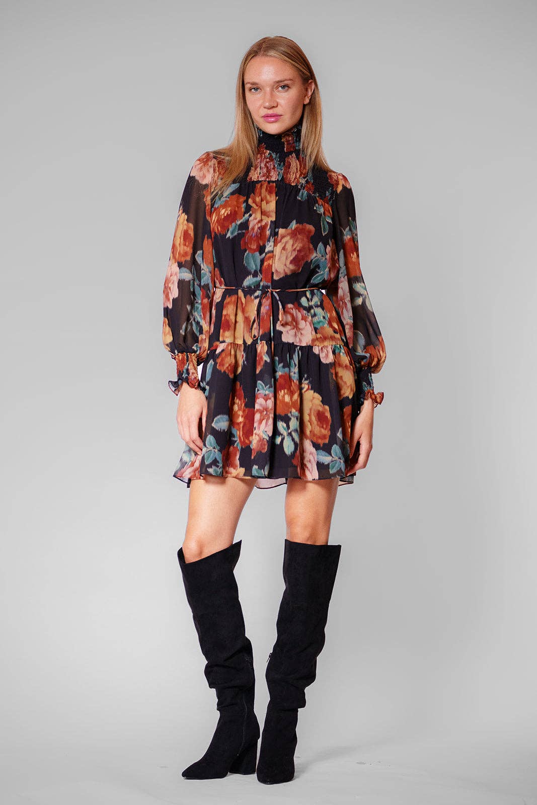 L/S HIGH NECK SHORT DRESS W/ SELF TIE