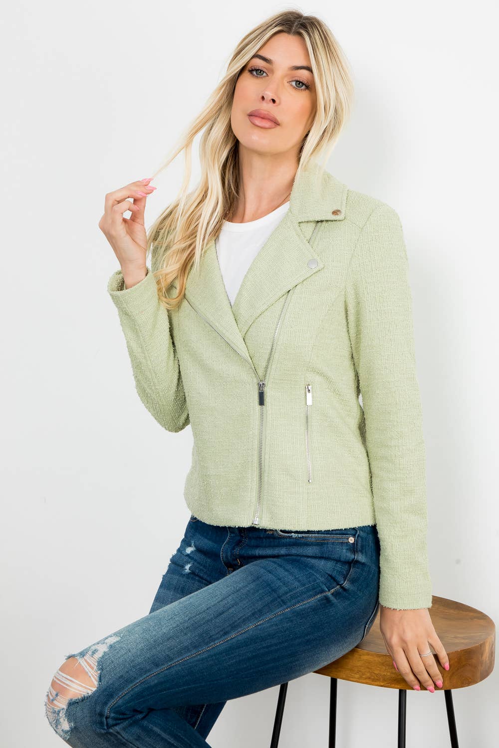 Solid Boucle Long Sleeve Moto Jacket